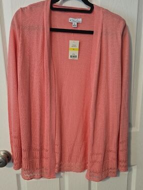Kim Rogers Coral Open-Front Lace-Hem Cardigan